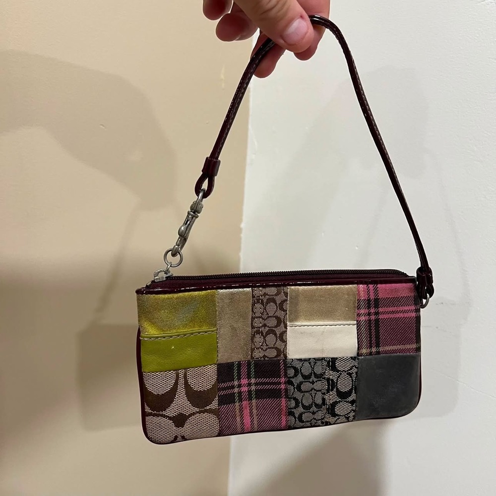 Coach Holiday Patchwork Wristlet Bag Y2K Multi Color Suede Leather Jacquard
